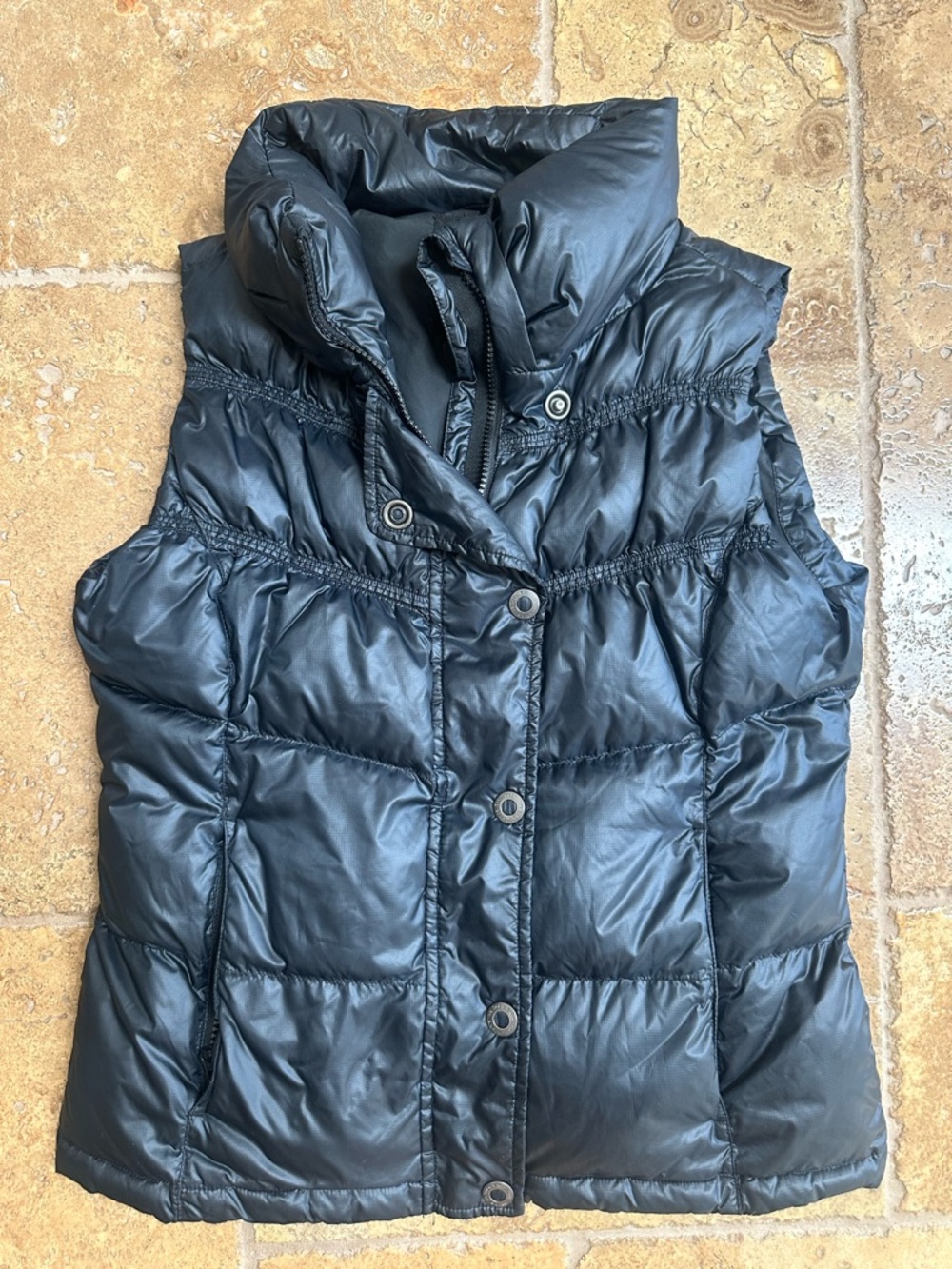 EUC prAna Milly down-insulated puffer vest with a full zip closure